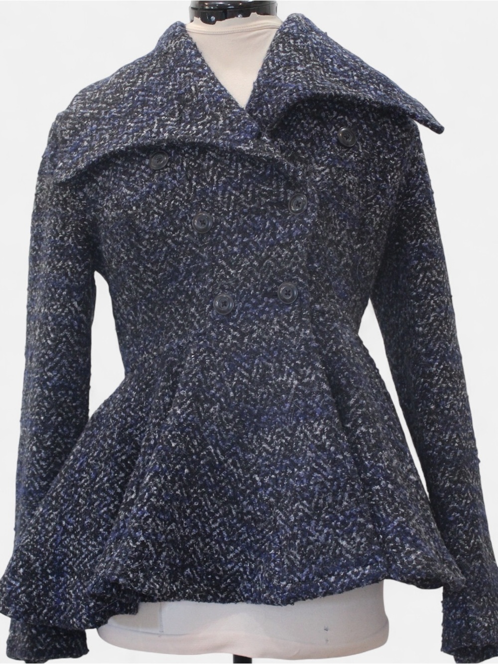 Free People Blue Tweed Double Breasted Peplum Flare Jackets